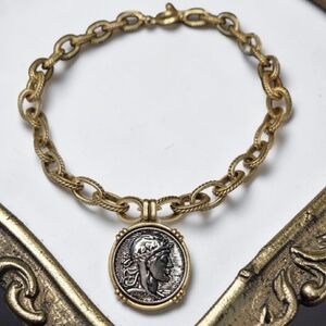 Chunky Matte Gold 2 Tone Ancient Roman Coin Toggle Necklace